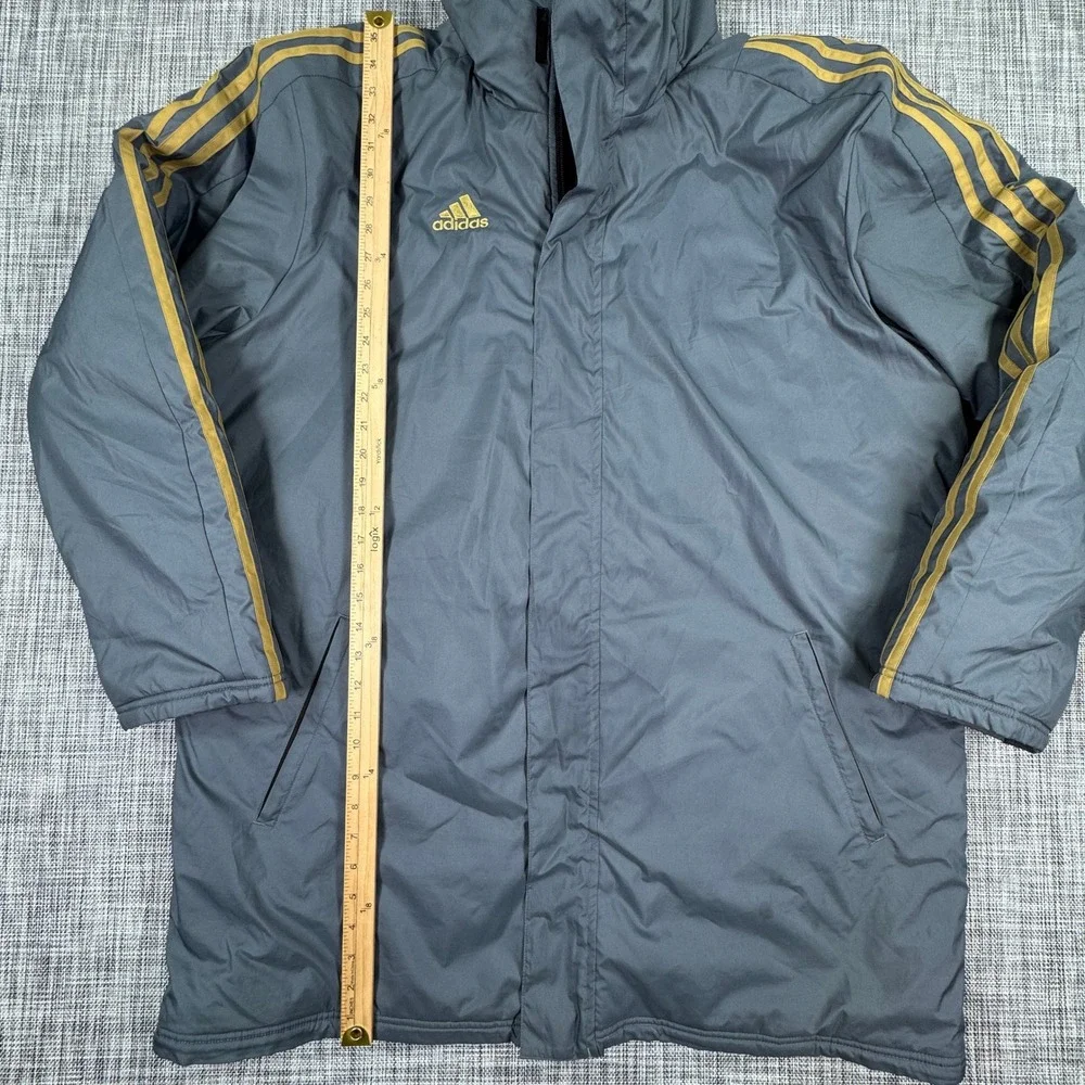 Adidas Men's Hooded Puffer Parka Jacket Gray Gold Three Stripe Size XL Winter